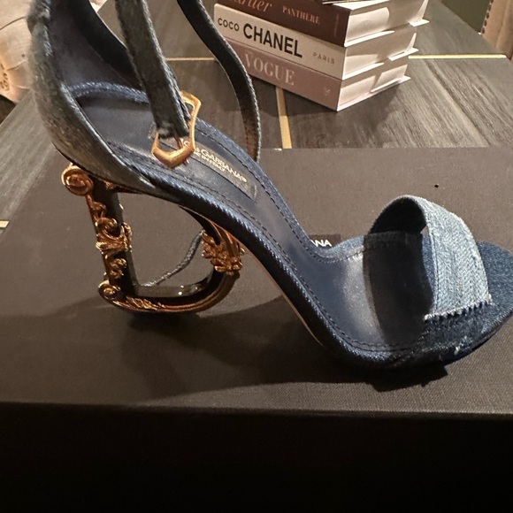 Dolce & Gabbana Patchwork denim sandals with baroque DG heel - Picture 6 of 9